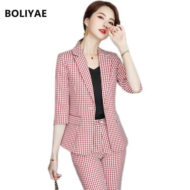 Boliyae Suit Donna Blazer Set Primavera Estate Moda Plaid Abbigliamento da ufficio Mezza manica Top e pantaloni per abiti da lavoro femminili S-5XL 210930