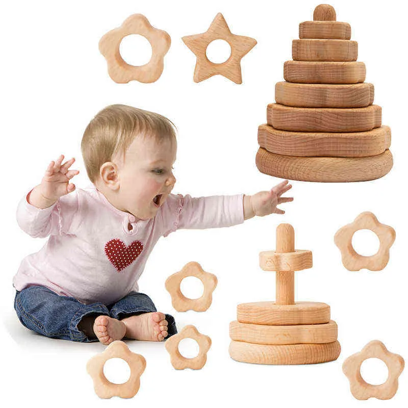 Baby Holzklötze Stapelspielzeug Weiche Bausteine Runde Form Holzkonstruktion Gummi Beißringe Montessori Lernspielzeug Y1130