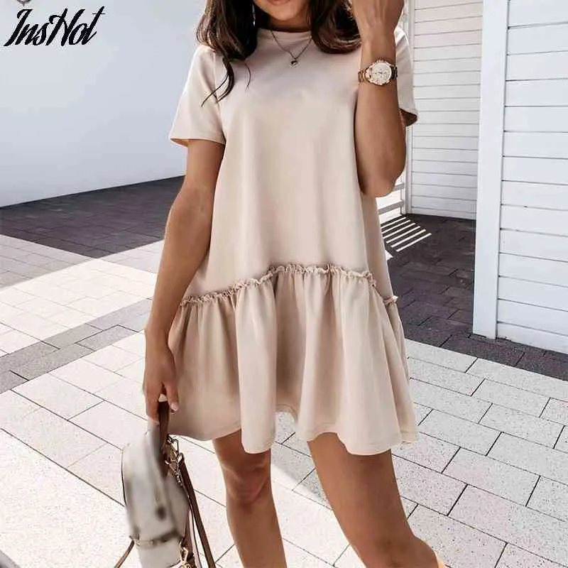 Short Sleeve Mini Dress for Women Summer Casual O-Neck Ruffles Big Hem ...