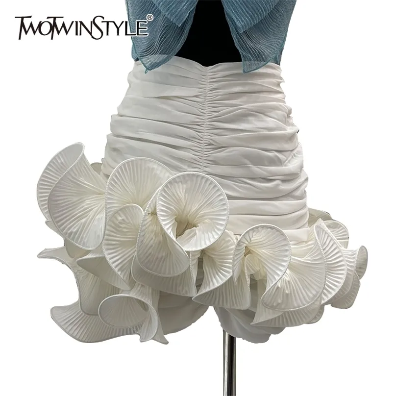Twotwinstyle casual white kjol för kvinnor hög midja patchwork asymmetrisk ruched mini kjolar kvinnor sommar mode stil 220312