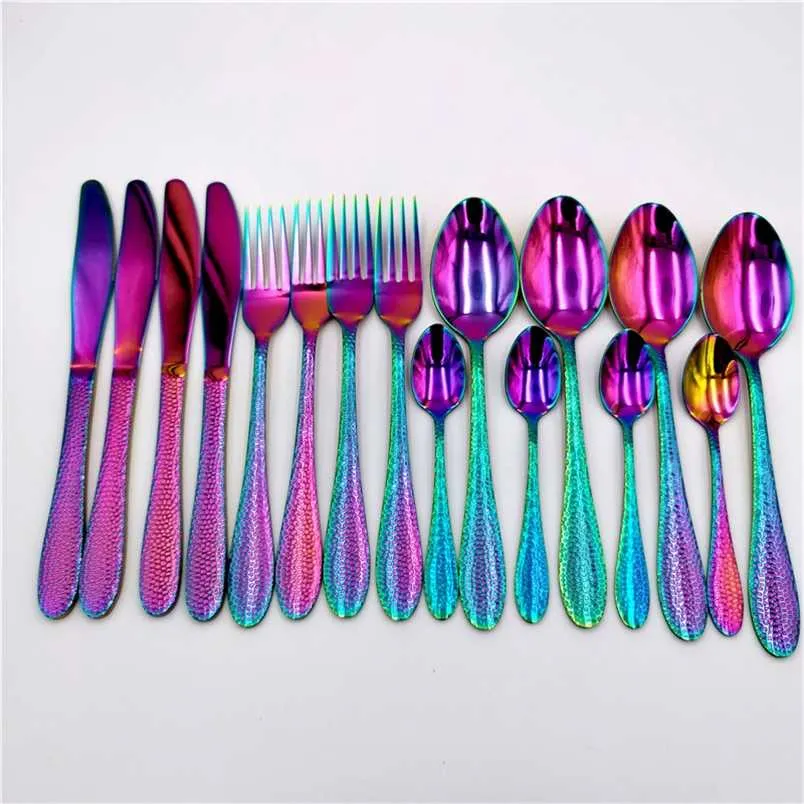 16PCs Golden Forks Skedar Knivar Set Rainbow Bestick Torteringsuppsättning 18/10 Rostfritt Stål Därken Middag Set Holiday Presentkasse 211112