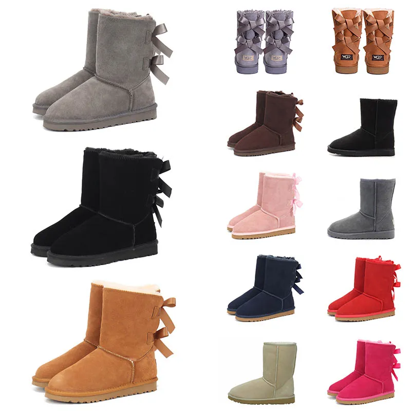 Tobillo clásico Bota de piel de arco corto Mujeres Plataforma de nieve Botas de invierno Piel de castaño Cuero real Bailey Diseñador Bow Mini Bowtie Botines Luxurys