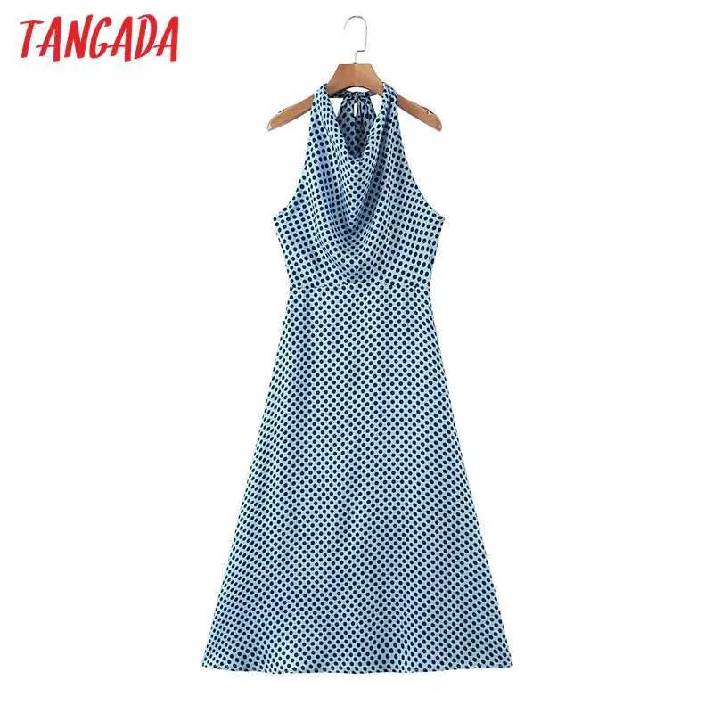 Tangada Mode Femmes Bleu Dot Halter Robe Bow Sans Manches Dames Sexy Robe Midi Robes SL114 210609