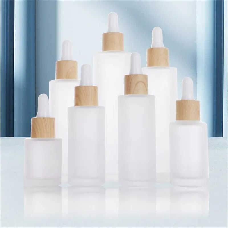 Frost Glass Dropper Fles 20 ml 30 ml 50ml etherische olie parfumflessen cosmetische container met geïmiteerd bamboe deksel