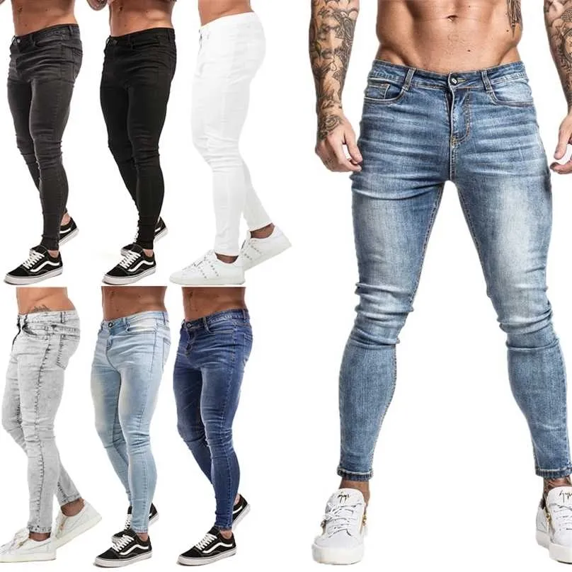Gingtto jeans män elastiska midja skinny stretch rippade byxor streetwear s denim blå 211111