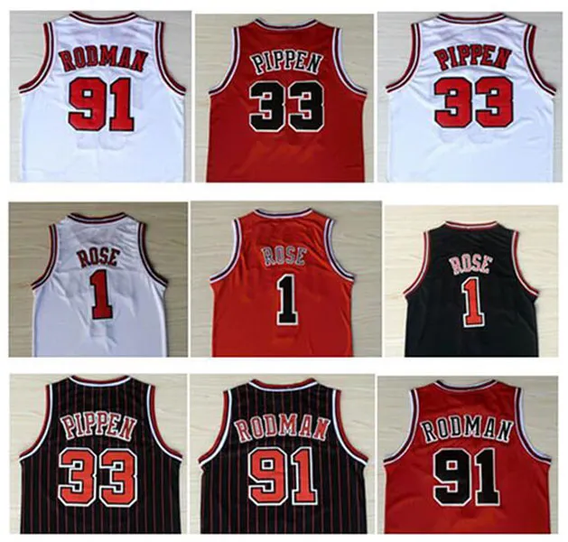 College Wears Sportskjortor för män #1Derrick Rose Jersey The Worm 91# Dennis Rodman Röd Vit Svart 33# Scottie Pippen Tröjor Stitched