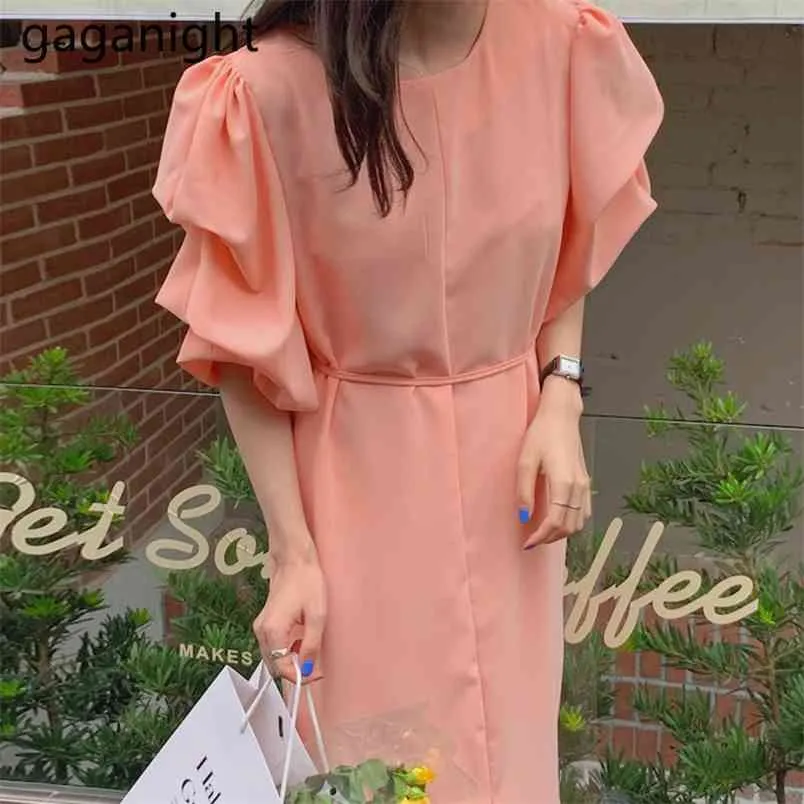Koreanska mode solida kvinnor klänning elegant o neck spets upp smal wais party pufff ärm slits långa es vestidos 210601