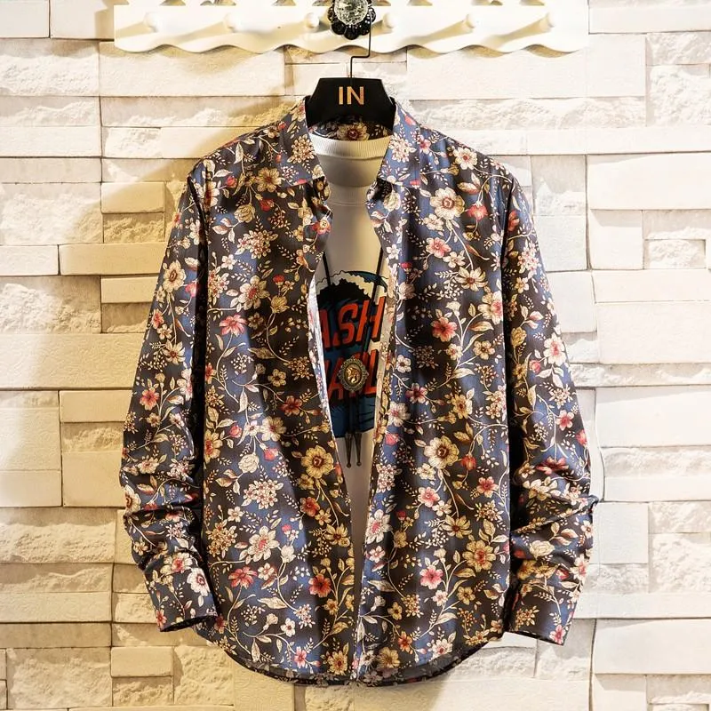 Men's Casual Shirts Flower Shirt Long Sleeve Korean Slim Trend Handsome Retro Floral Ice Silk