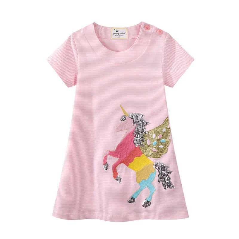 Metri da salto Abiti da principessa estivi a righe per ragazze Unicorno Perline Moda Festa per bambini Costume Regalo di compleanno Bambino 210529