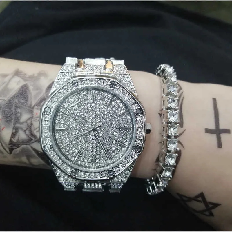 Lyx Män Guld Silver Färgklocka Bracelet Combo Watch Set Crystal Miami Ice Out Kubansk Braclete Chain Hip Hop Jewerly för män H1022