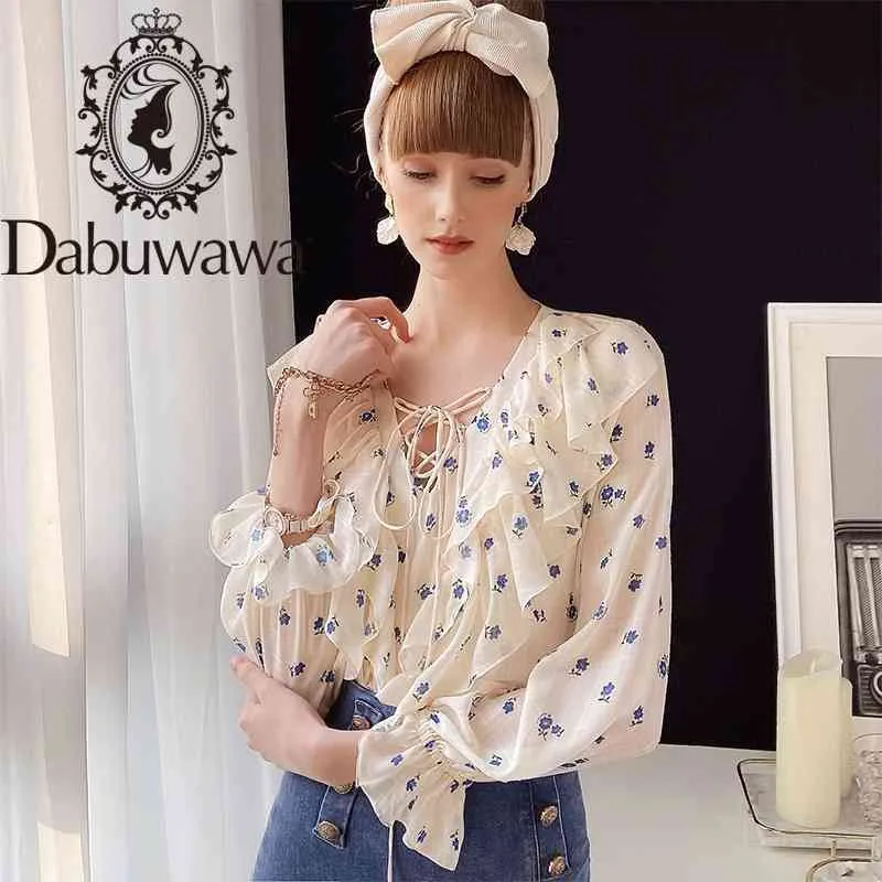 Dabuwawa Casual V-hals Ruffled Vrouwen Blouse Shirt Lange Mouw Print Vrouwelijke Tops Blouse Girlish Style Dames Blouse Do1ast013 210520