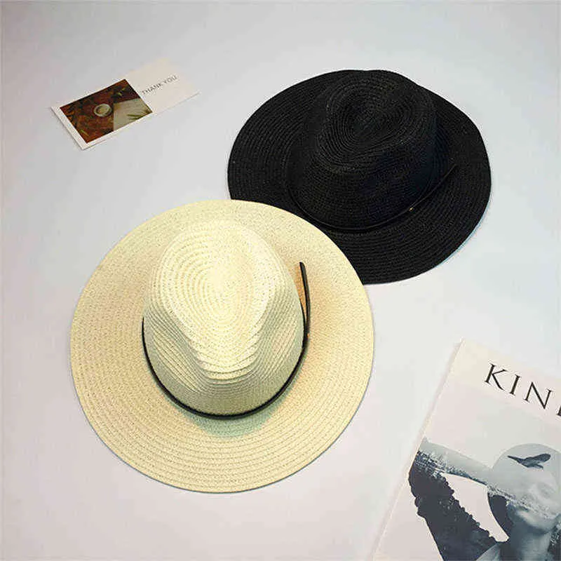 Nya kvinnliga sombreros kvinnor sommar hatt klassisk svart bälte panama sunhats jazz hatt strand hattar för kvinnor chapeau de paile femme g220301