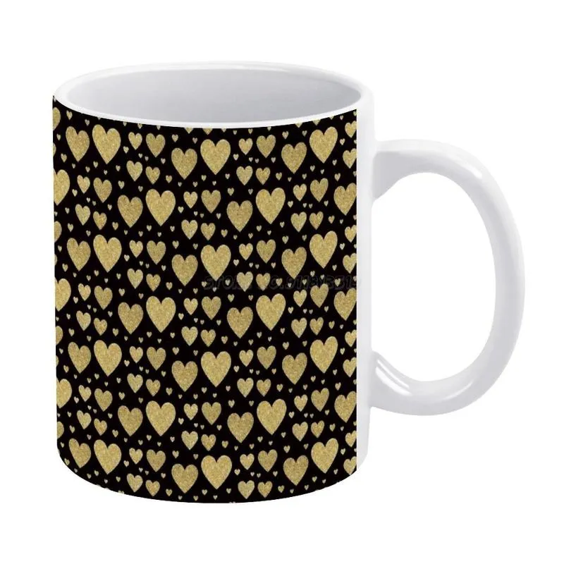 Mugs Traditional Gold Glitter Hearts White Mug 11oz Ceramic Tea Cup Coffee Friends Birthday Gift Art Sparkle Spar