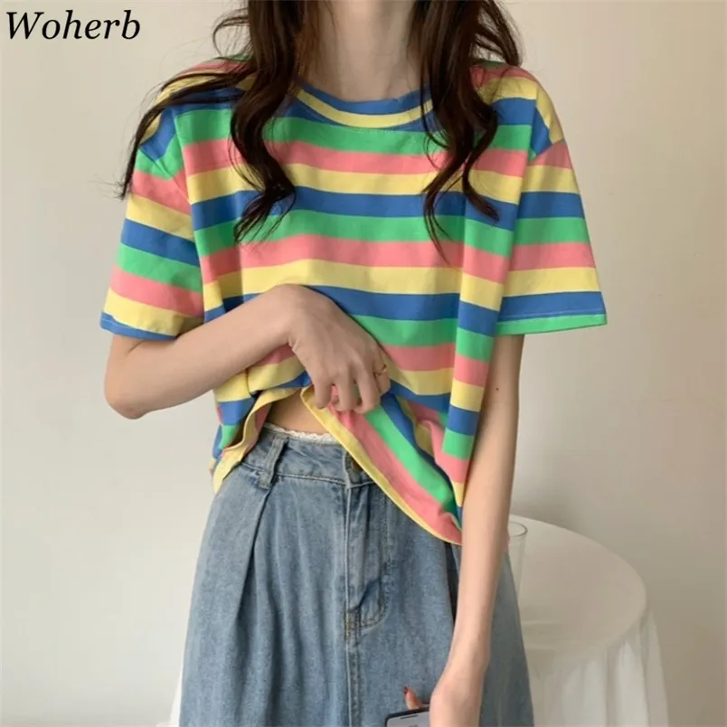 Sommar Preppy Style Tees Rainbow Stripes Kortärmad T-shirts Kvinnor Harajuku Enkel skjorta Lös O ​​Neck Casual Crop Tops 210519