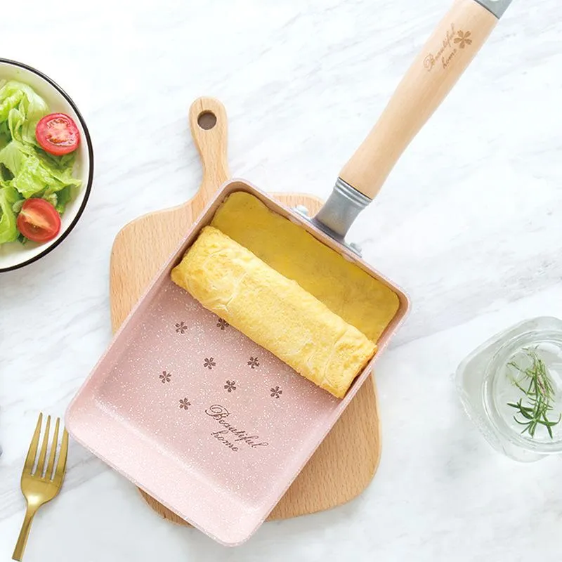 Poêles à frire antiadhésives japonaises Tamagoyaki Omelettes en alliage d'aluminium, crêpes aux œufs, motif Sakura rose, ustensiles de cuisine