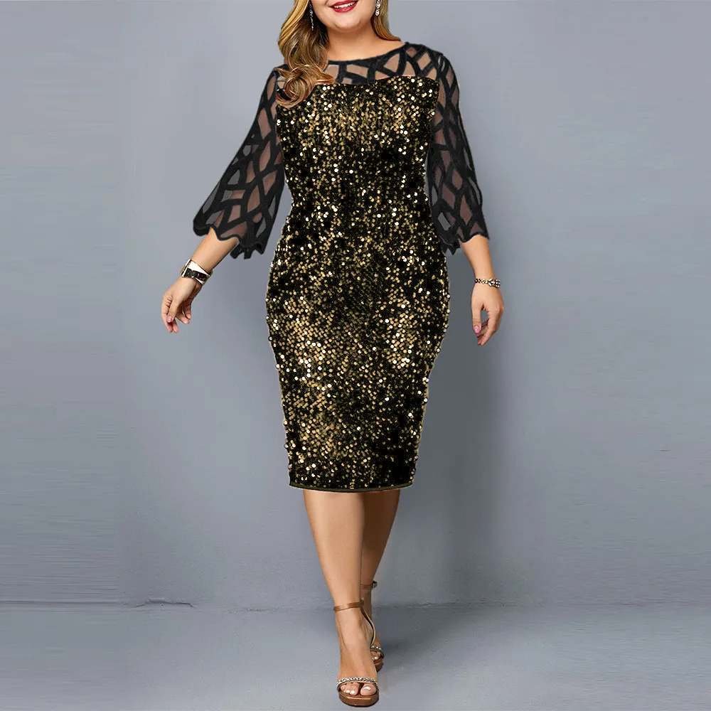 Plus Size Dress for Women Autumn Elegant Sequin Evening Party Dress Ladies Long Sleeve Casual Women Clothing M-5XL