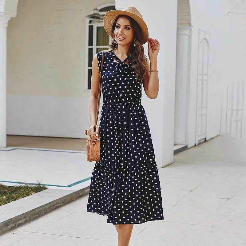 Letnia Długa Sukienka Dla Kobiet Slim Dot Drukuj Linia 2021 Eleganckie Maxi Sukienki Kobiet Bow Collar Bez Rękawów Wysoka talia Vestidos Casual