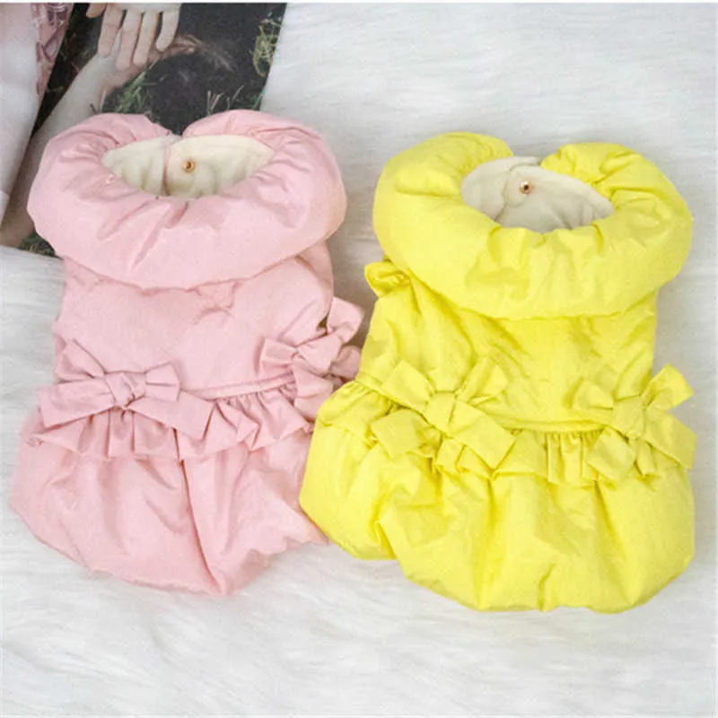 Vinterhund Klänning Söt Bowknot Candy Color Pet Dog Kläder Varm Valp Coat Outfit Yorkshire Pomeranian Small Dog Kläder Kostym 211007