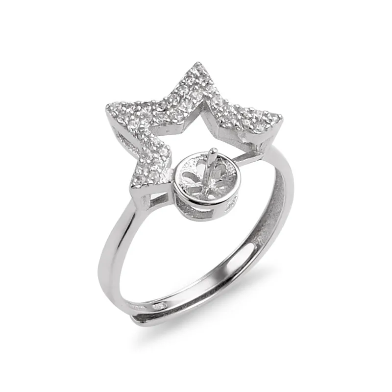 Star Ring Settings Jewelry Making 925 Sterling Silver Paved Cubic Zirconia DIY Pearl Mountings 5 Pieces