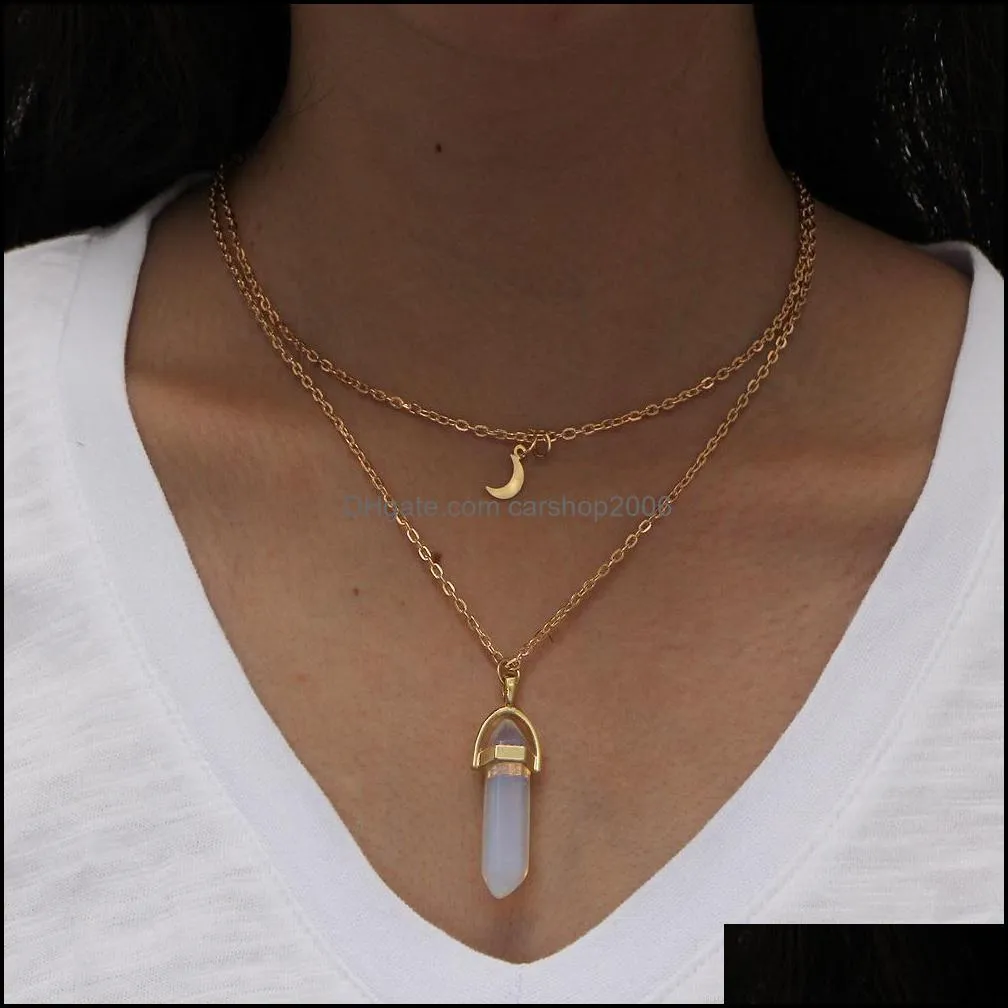 Fashion Womens Necklace Gold Chain Natural Stone Hexagonal Column Pendants Statement Chokers Necklaces Quartz Healing Crystals