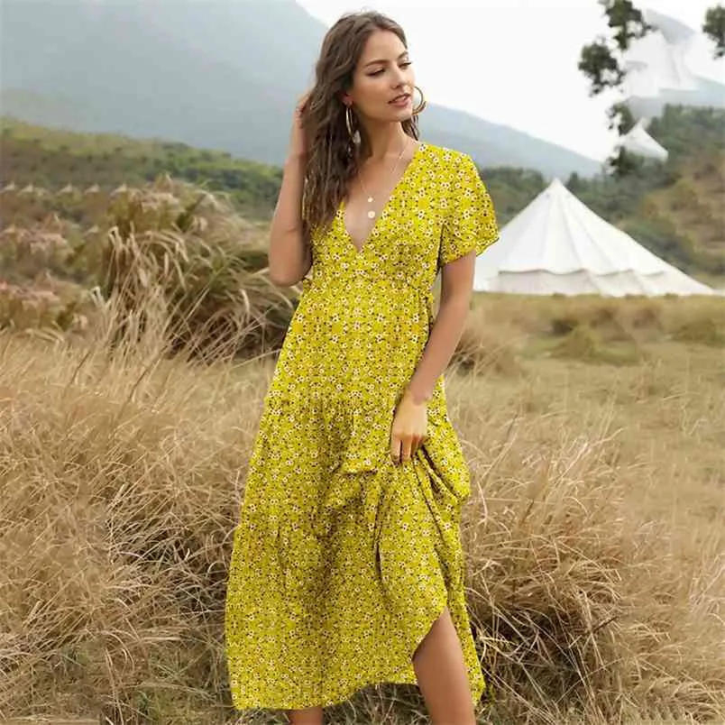 Floral Print Short Sleeve maxi dress with Deep V-Neck and