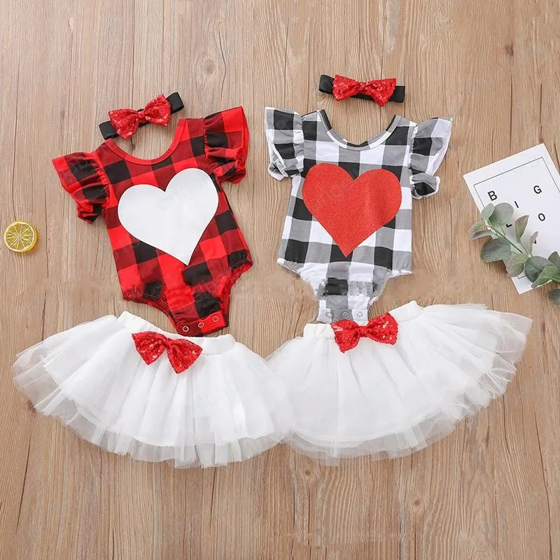 kids Clothing Sets Girls lattice outfits children Love plaid Flying sleeve Tops+Lace skirts+Bow Headband 3pcs/set summer fashion Boutique baby Clothes