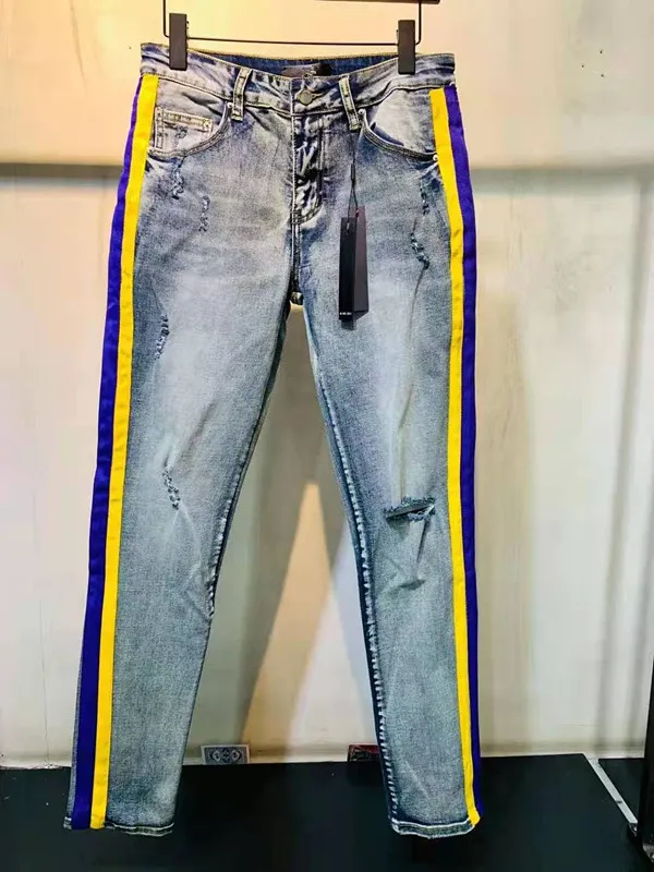 New Arrival Mens Designer Jeans Ripped Color Bag Patch Vintage Style Hole Fashion Mens Jeans Slim Motorcycle Biker Causal Mens Hip Hop Pants