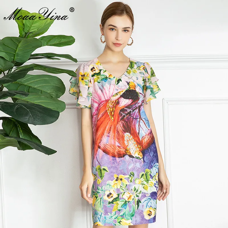 Sommarbanan Vintage Mini Dress Kvinnor V-Neck Beading Fashion Birds Floral-Print Short Party 210524