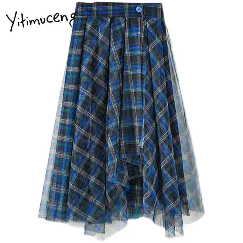 Yitimuceng Нерегулярная клетчатая юбка женская винтажная марля A-Line высокая талия одежда весна лето корейская мода юбки 210601
