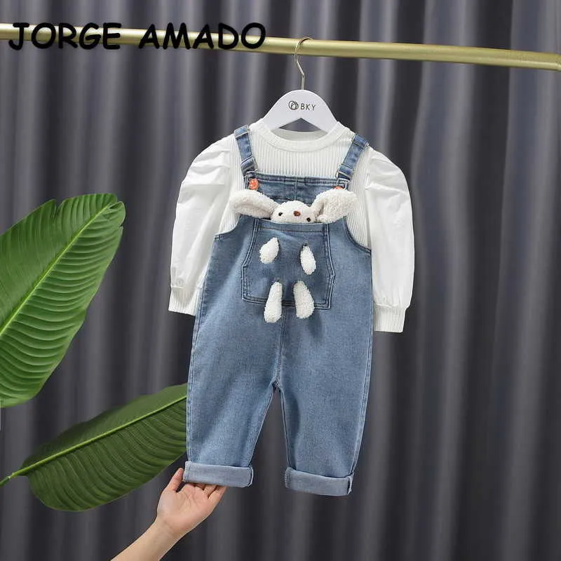 Spring Kids Girls 2-pcs Sets White Puff Sleeves Long T-shirt + Denim Overalls with Pocket Rabbit Children Clothes E1109 210610