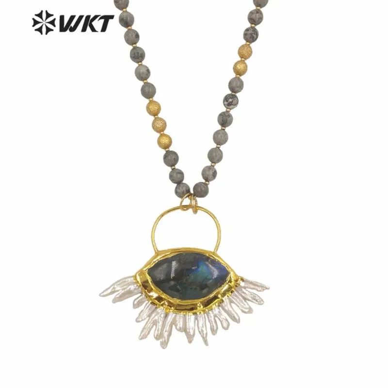 WT-N1242 WKT Moda donna 30 pollici di lunghezza 8mm Collana con perline di pietra tonda Girocolli con pendente in labradodrite d'oro grande