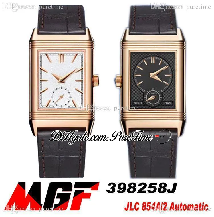 MGF Reverso Tribute Duoface 398258J JLC 854A / 2 자동 망 시계 18K 로즈 골드 화이트 그레이 Texturd 다이얼 스틱 가죽 스트랩 2022 수퍼 에디션 PureTime C3