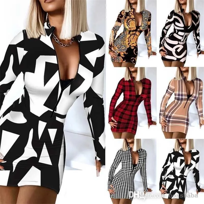 Casual Dresses Shirt Women Plaid Fashion Classic Kläder Långärmad Zipper V-Neck Kjol Hög midja Slim Bodycon Dress