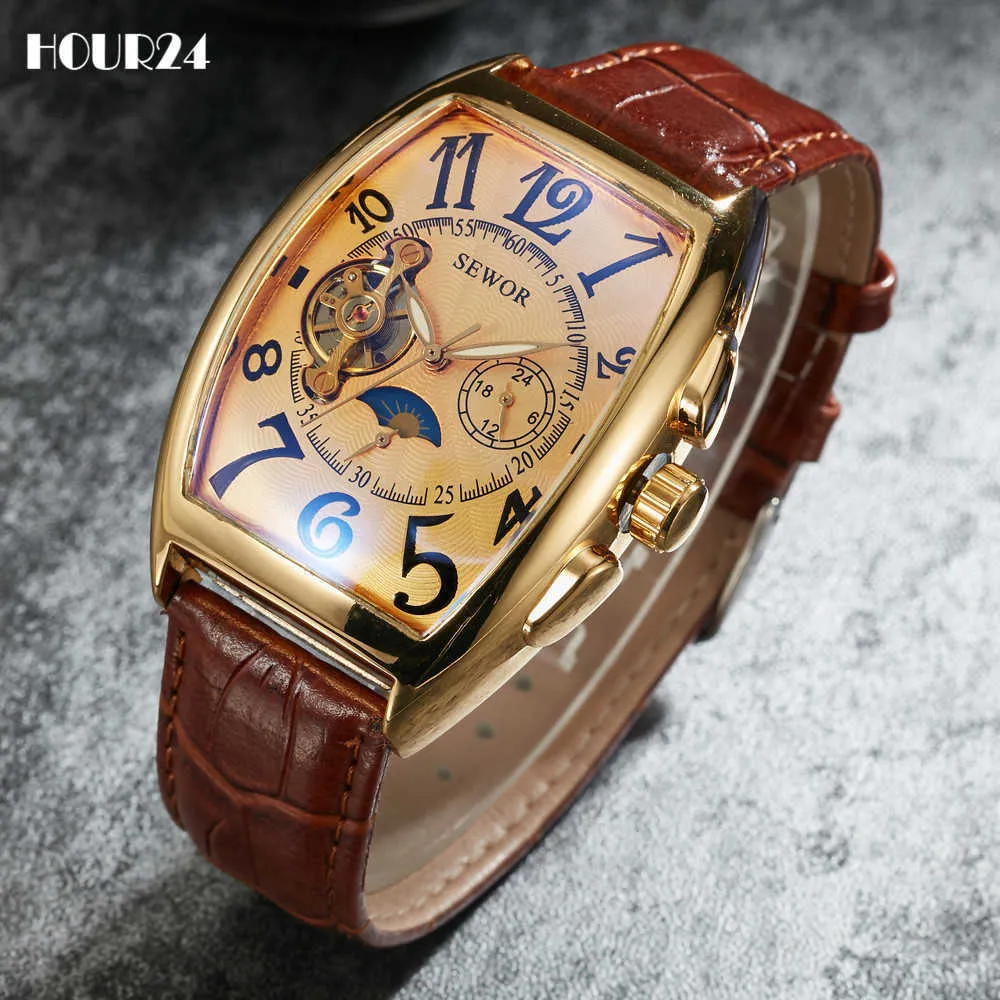 Relojes de pulsera mecánica automática de hombres clásicos para hombres Casual Vintage Lujo Turbillon Reloj Tonneau Caja en forma de cuero Hombre Q0902