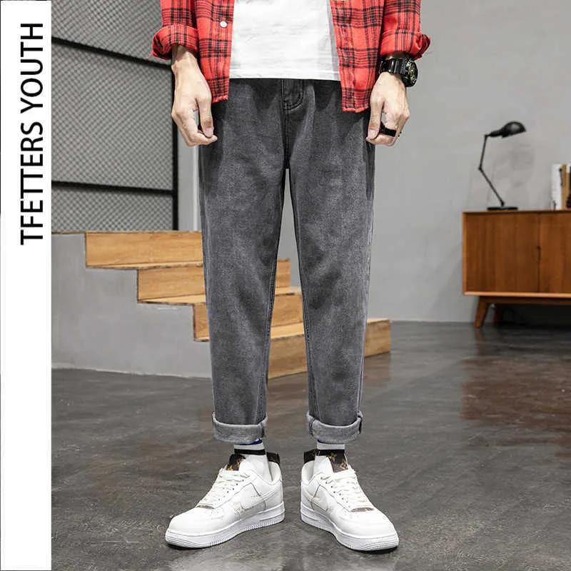 Tfetters jeans homens estilo coreano rua caindo larga perna solta meados de calças retas coreano tendência calça jeans marca 211009