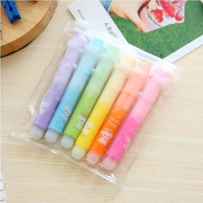 Highlighters 12 Pack / Lot Kawaii Dog Highlighter Cute 6 Färger Ritning Måleri Konst Markör Pen School Supplies Stationery Present