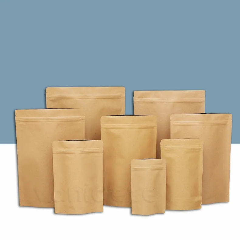 Kraft Papel Stand-up Bolsas 11 Tamanhos Calor Selábico Selable Bolsa de Zip Inner Foil Foil Storage Bag Embalagem Bagzc548