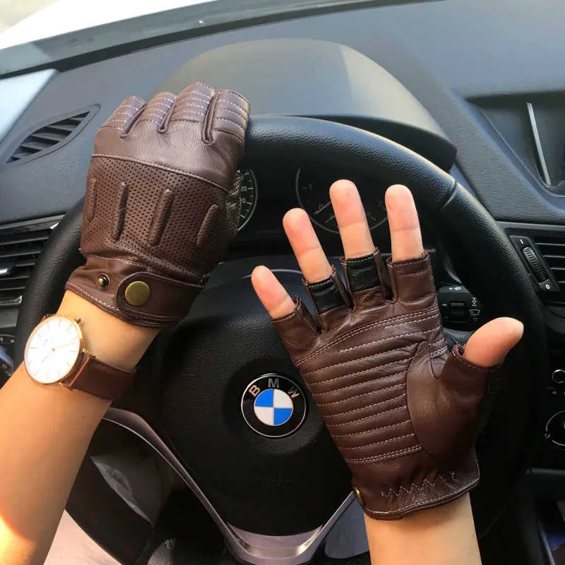 Man Half Finger Gloves NEW Summer Mens Goatskin Retro Motorcycle Leather Gloves Male Semi-Fingers Non-slip Driving Gloves H1022