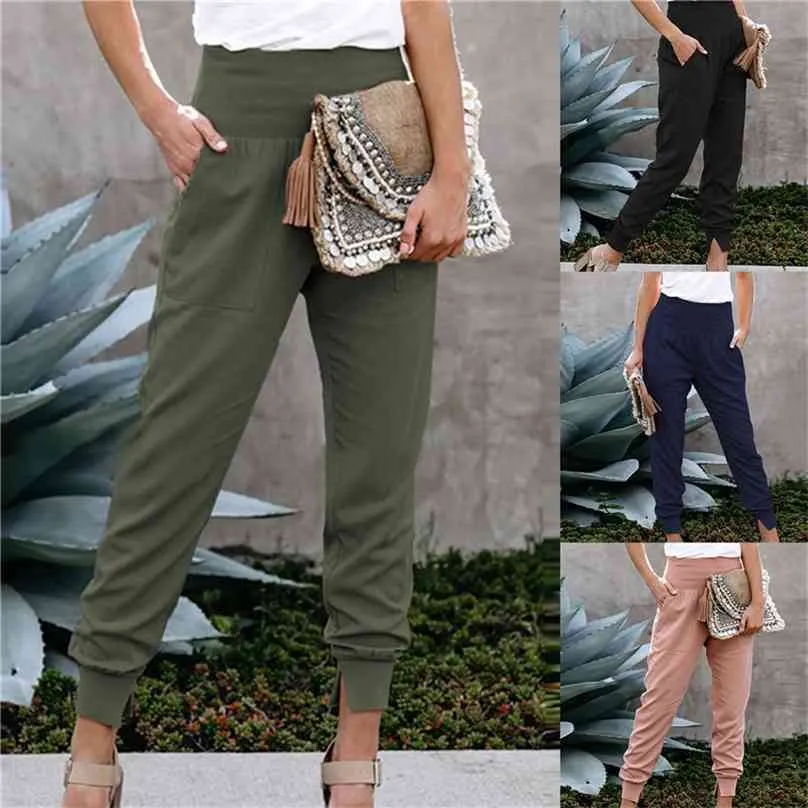 Taille haute de couleur unie avec pantalon à ourlet fendu Automne et hiver Taille Casual Pantalon ample Harem 210925