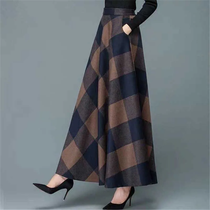 Wail Wool Plus Size 4XL Maxi Spódnice Kobiety Vintage A-Line Wysoka talia Wełniana Spódnice Ladies Office Moda Długa Saia Streetwear 210619