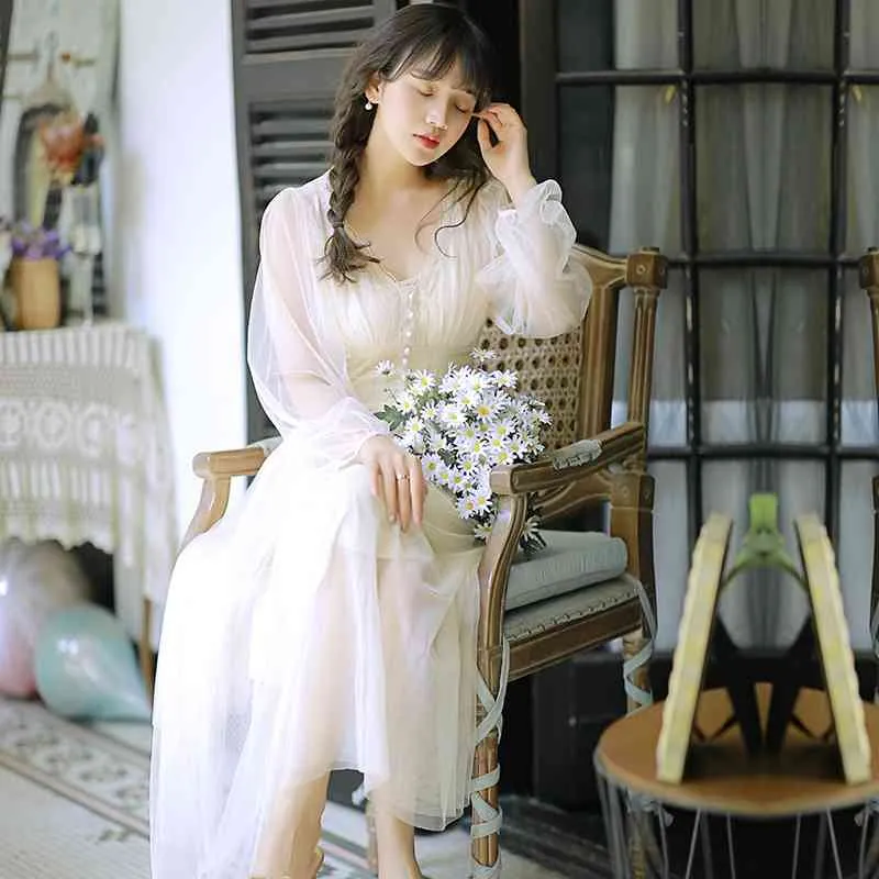 YOSIMI Summer Vintage Beige Mesh and Lace Long Women Dress Full Sleeve V-neck Evening Party Dresses Mid-Calf 210604 YOSIMI Summer Vintage Beige Mesh and Lace Long Women Dress Full Sleeve V-neck Evening Party Dresses Mid-Calf 210604