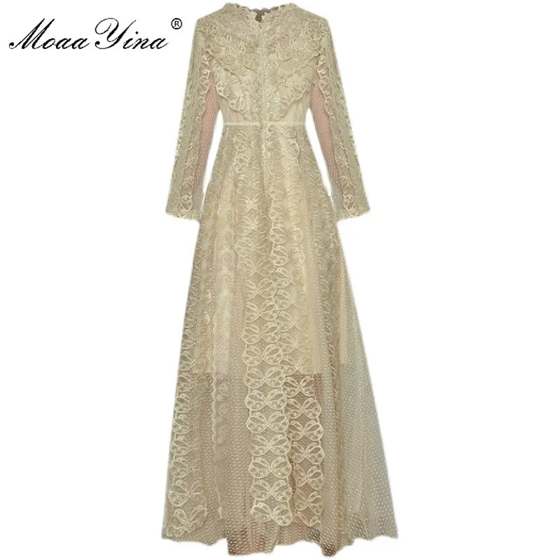Fashion Designer dress Spring Women's Dress V-neck 3/4 sleeve Gold Line Embroidery Mesh Party Long Dresses 210524