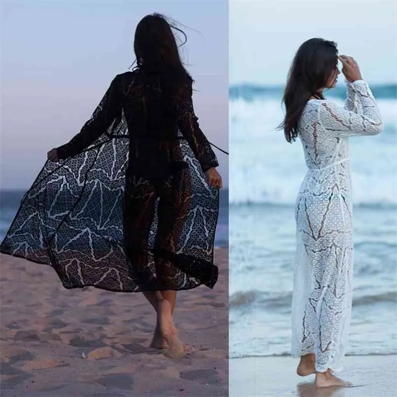 Hol kant Bikini Cover Up Summer Wit Sexy Sheer Robe Tuniek Strandjurk Brasiliaans Zwemmen Suit UPS voor Dames Zwart 210604