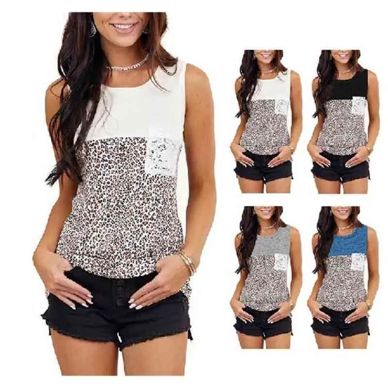 Tshirt Leopard Print Mouwloze Off-Shoulder Tops Sexy Tank Vrouwelijke Casual Losse O-hals Pocket Patchwork Katoen 90s Top Gray 210604