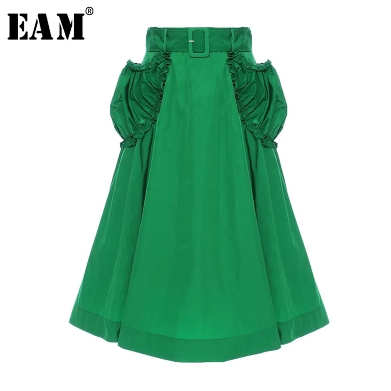 [EAM] Высокая талия Зеленые оборками Разделить Соединенное карманное темперамент Осень до полу-тела Женщины Мода Весна Осень 1S554 210708