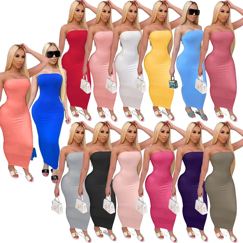 Bulk Womens dresses sexy bodycon strapless ankle length dress one piece set party evening clubdress fashion summer solid women clothes klw6488