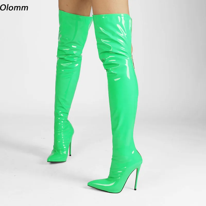 Rontic Fashion Women Winter Shiny Over Knee Boots Stiletto Heels Pekade Toe Green Purple Fuchsia Night Club Shoes US storlek 5-15