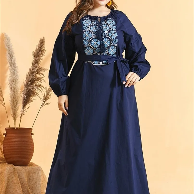 Long Sleeve Dress Navy Blue Snowflake Embroidery Maxi Dresses for Women Arabic Turkey Dubai Muslim Clothes Plus Size 210517