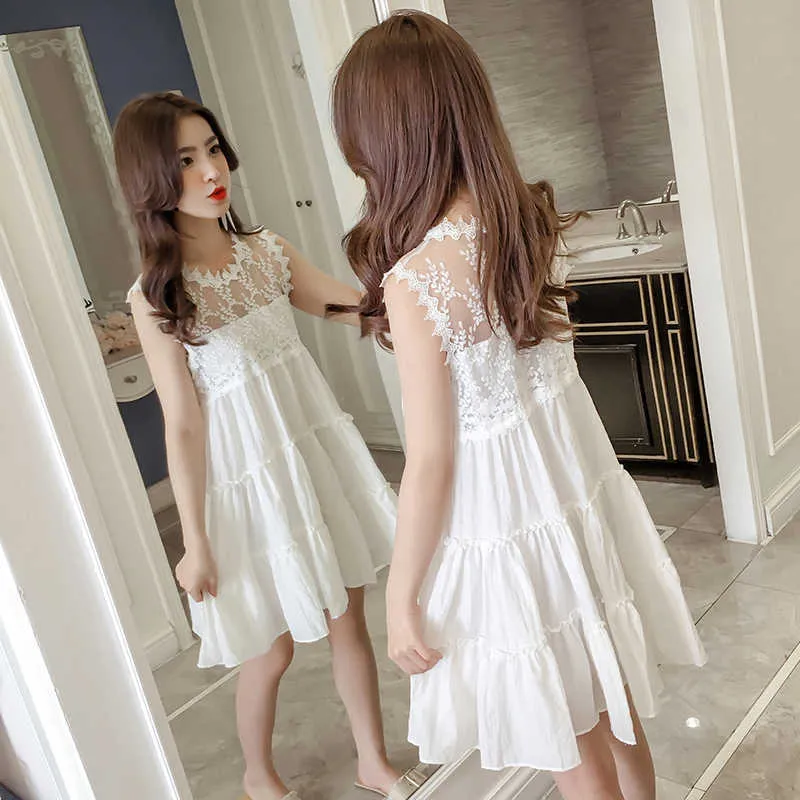 2019 summer teenage girls lace white dresses fashion 14 years old girls Sleeveless vest Q0716