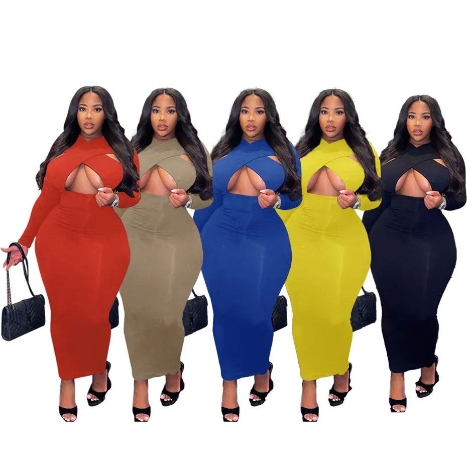 Mulheres Plus Size Vestidos Casual Manga Longa Primavera Maxi Hollow Out Alta Qualidade Elegante Luxo Clubwear Mulheres Roupas K8459